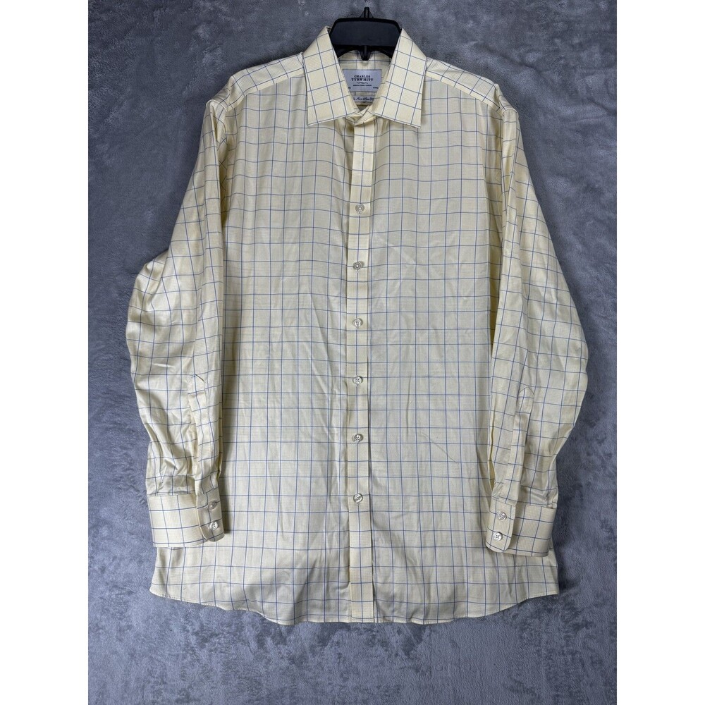 Charles Tyrwhitt Mens Dress Shirt 17 Yellow Cotton Check Slim Fit Long Sleeve